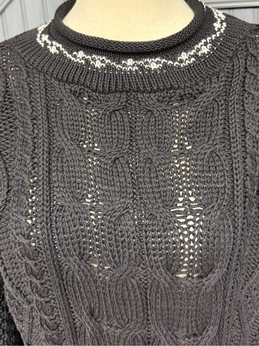 Vintage British Passages Black Cable Knit Sweater Fair Isle Trim Medium - Picture 8 of 12